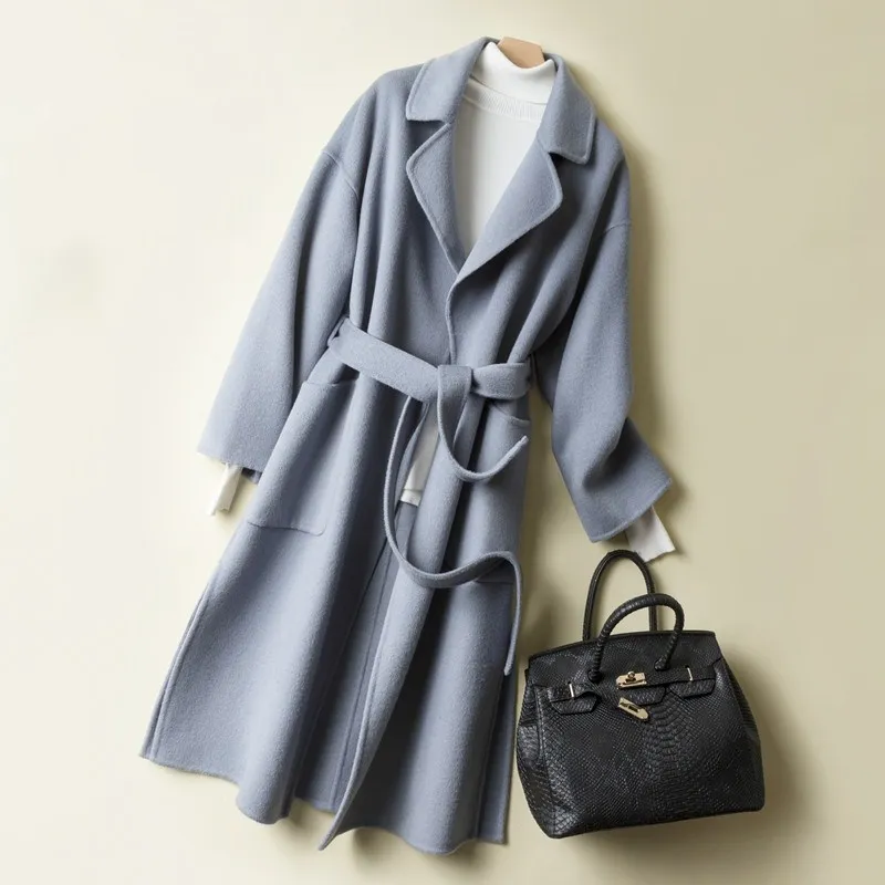 

100% Wool handmad double faced pure wool coat women's long loose belt knee length british wool coat cashmere warm winter outwear