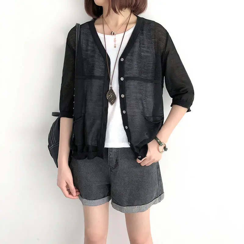 

autumn spring women sweater knitted cardigan thin v-neck half sleeve linen 0.4