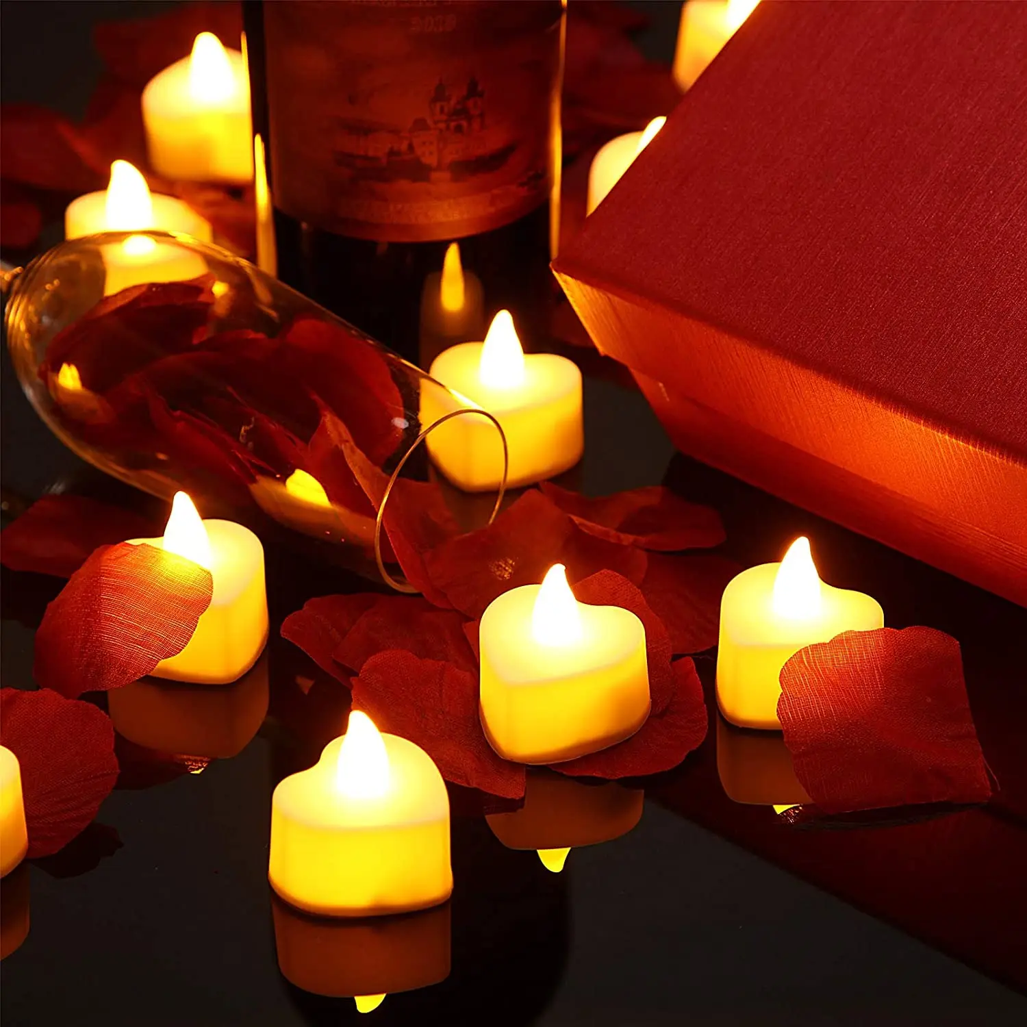 Decoraciones rom&aacute;nticas de noche especial de 1000 piezas, p&eacute;talo de Rosa Artificial con 24 piezas, coraz&oacute;n rom&aacute;ntico, vela LED sin llama para el D&iacute;a de San Valent&iacute;n-1