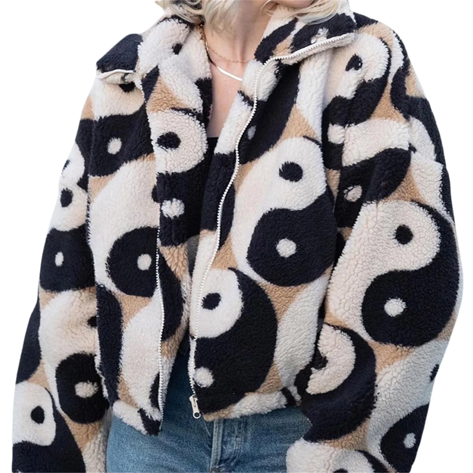 

Women Plush Zipper Coat Long Sleeve Tai Chi Diagram Printed Jacket Loose Coat Women Clothing