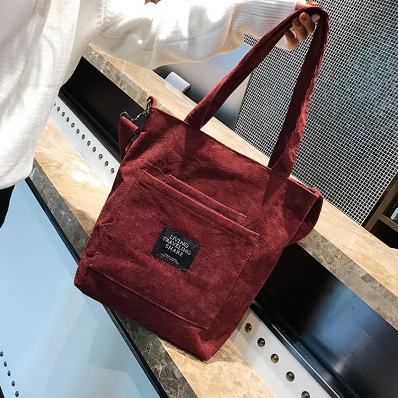 

ASDS-Women Corduroy Canvas Tote Casual Shoulder Bag Foldable Shopping Bags Beach Bag Cotton Cloth Female Handbag