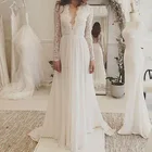 Женское кружевное свадебное платье, романтическое ТРАПЕЦИЕВИДНОЕ ПЛАТЬЕ С Глубоким V-образным вырезом, длинным рукавом, открытой спиной и шлейфом, Индивидуальный размер, 2020