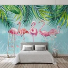 Настенная 3D Роспись на заказ, настенная живопись с зелеными листьями, фламинго, для спальни, гостиной, фоновые фрески