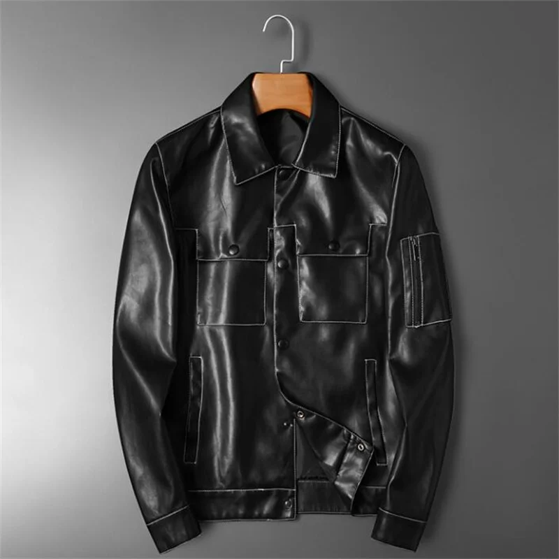 New style men's lapel leather jacket motorcycle suit large size multi-pocket PU coats autumn winter casaco masculino inverno