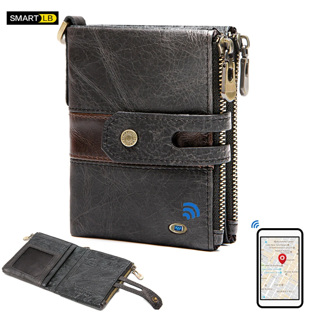 Smart Anti-lost wallet GPS Record Bluetooth Tracker Genuine Leather Men Wallets Coin Chain Zipper Wallet Card holder