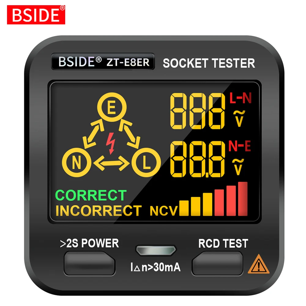 

Digital Socket Tester BSIDE ZT-E8 Smart LCD Outlet checker NCV Test Voltage Detector EU US UK Plug Ground Zero Line RCD Check