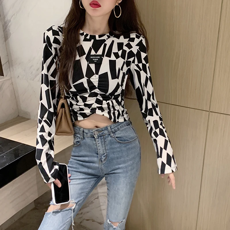 Autumn Women Vintage Long Sleeve Printing T-Shirt Female Slim Bodycon Short Top Casual Streetwear | Женская одежда