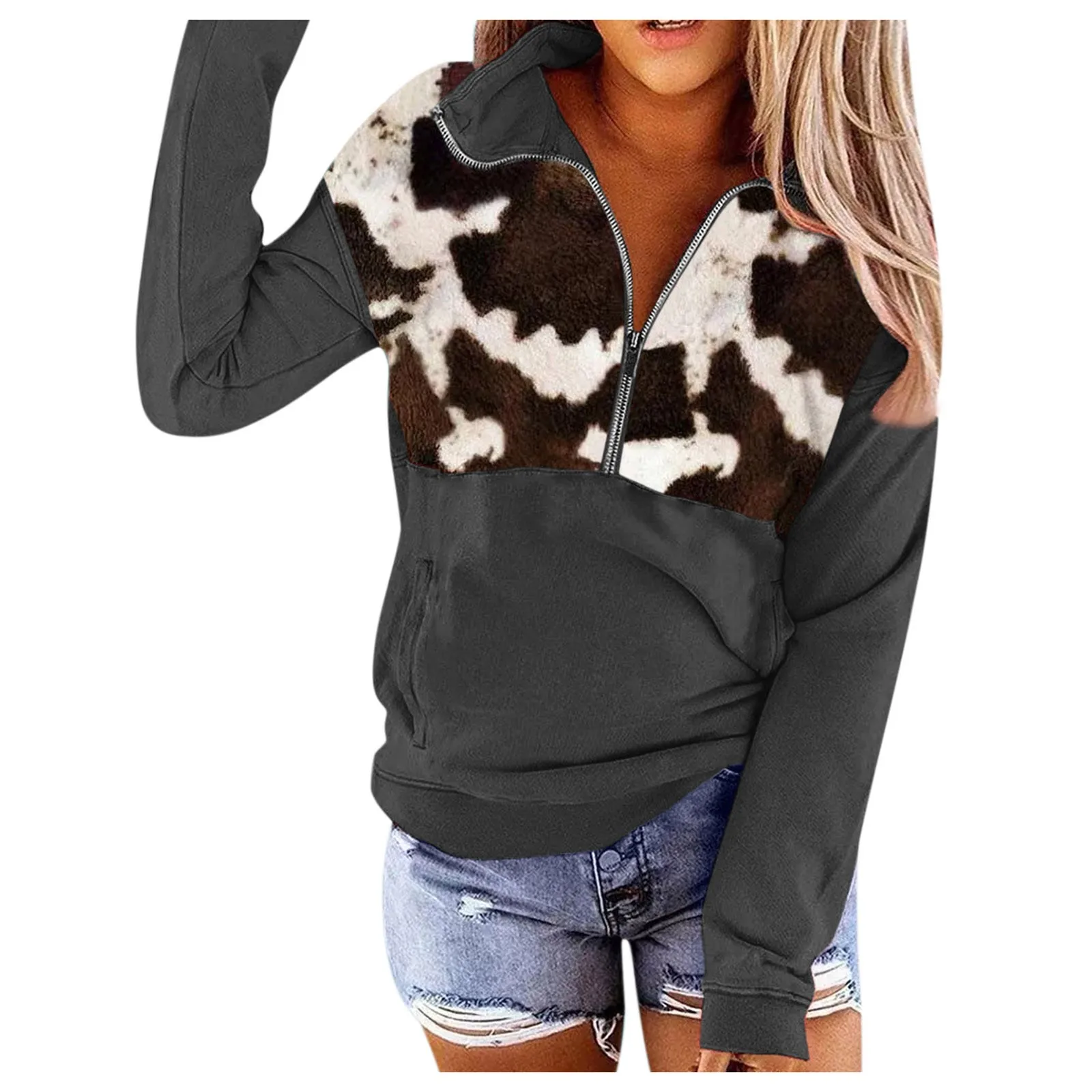

Winter Women's Sweatshirt Color Block Cow Pocket Printed Long Sleeve Zipper Collar Pullover Sweatshirts Tops Sudadera Mujer