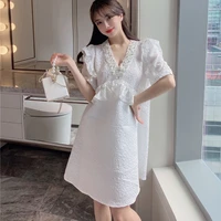 summer new women splicing lace mid length dress vintage 2021 fashion v neck nail drill beading embroidery high waist loose dress