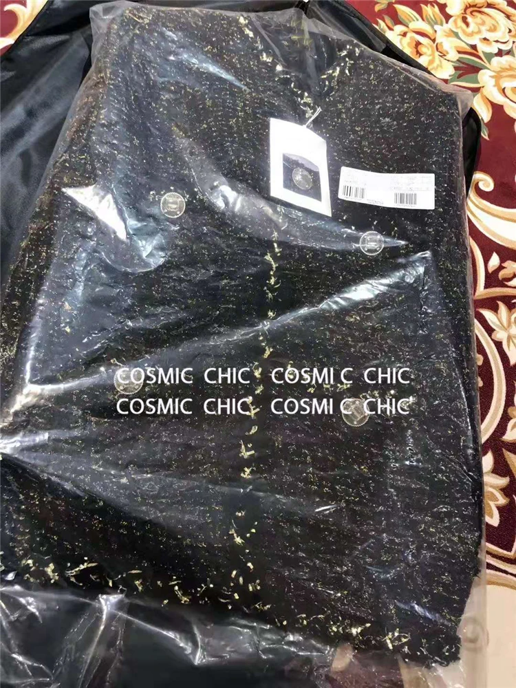 Cosmicchic, женское осеннее Элегантное Черное короткое пальто, роскошная шерстяная твидовая куртка с длинным рукавом, золотая нить, плетение, OL, Женская куртка