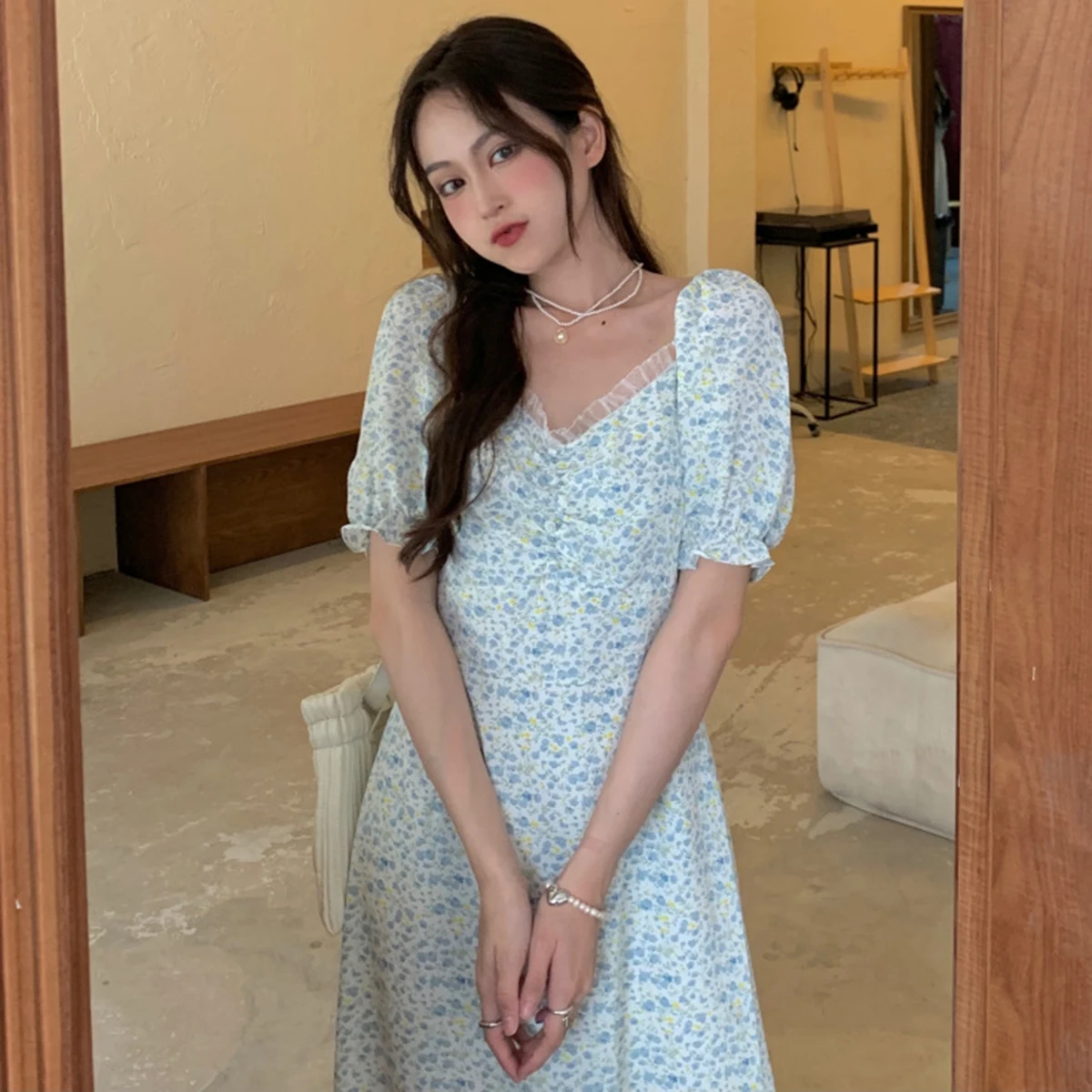 

Summer Floral Print Women's Dress 2021 French Elegant Low Square Neck Puff Sleeve Ruffle Split Hem Midi Dresses Chic Sweet Robe