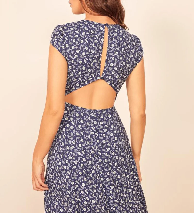 

Philosophy Women Summer Sexy Backless Midi Dress Vintage Print Floral Split Boho Dress Casual Holiday Lady Beach Dress