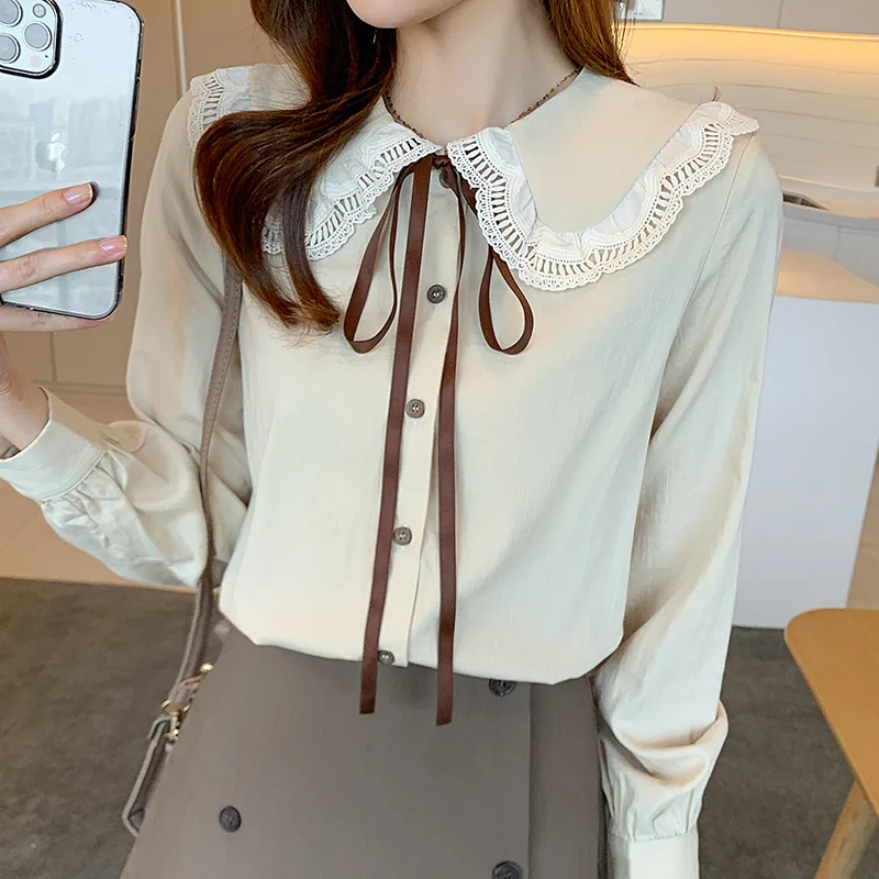 

Sweet Peter Pan Collar Shirt For Ladies 2022 Spring New Style Cotton White Shirts With Bow Lace Up Chic Fashion Y2k Aesthetic