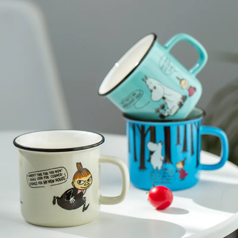 

3 Colors Cartoon Ceramic Mug 300ML Student Breakfast Milk Coffee Cup with Handle Retro Imitation Enamel Mugs Office Gift