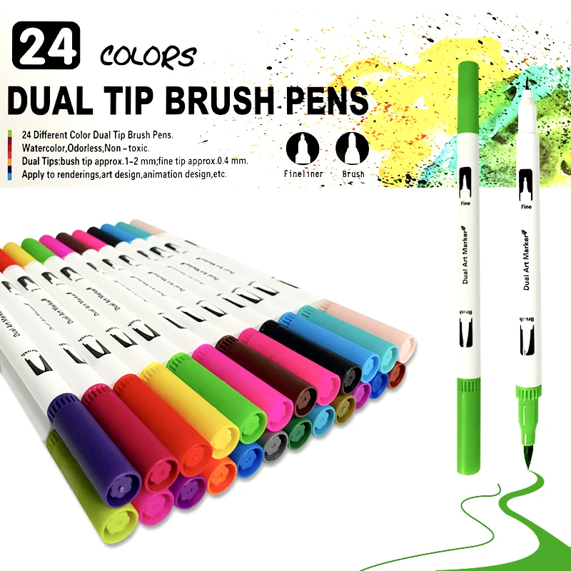 

24 Colors FineLiner Dual Tip Brush Art Markers Pen Watercolor Pens For Drawing Marker Painting Calligraphy School Art Supplies