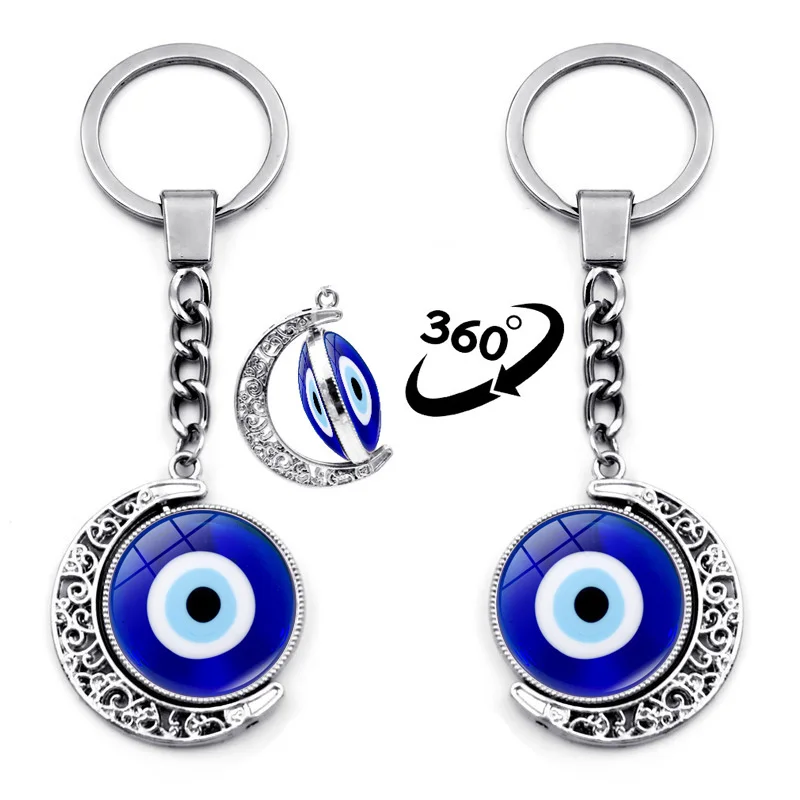 

Turkish Evil Eye Keychain Charms Rotate 360 Degrees Moon Pendant Turkey Evil Eyes Lucky Key Chain Bag Car Key Chain Ring Holder