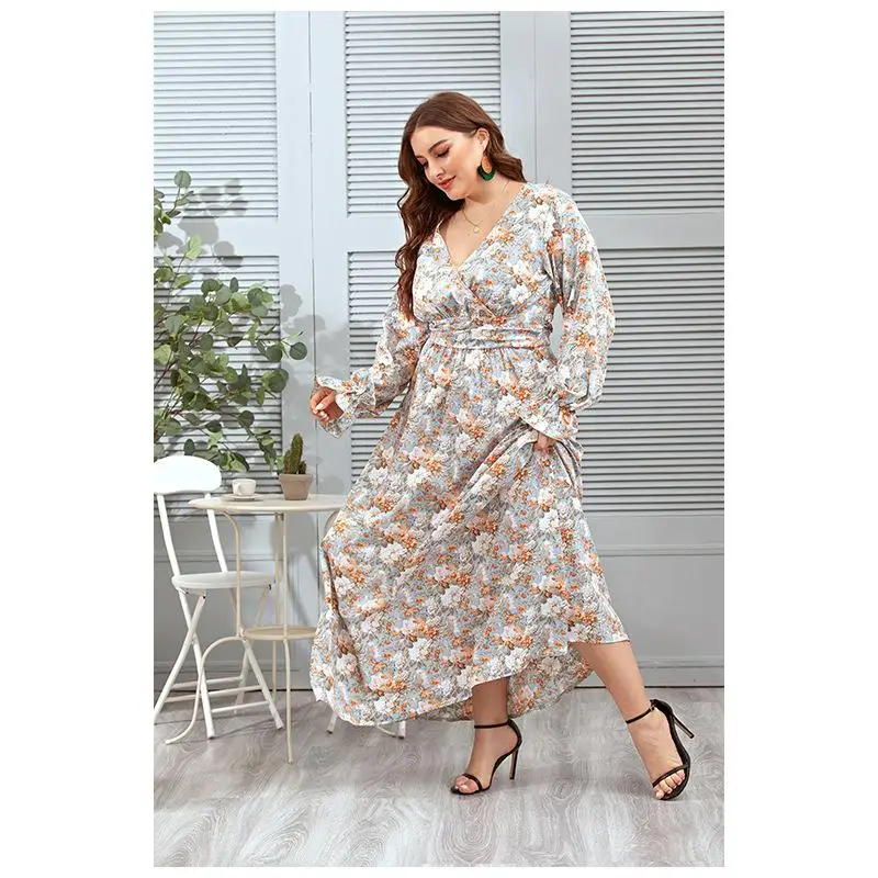 

4XL large size women long maxi dress v-neck high waist floral bohemian dress elegant loose casual home plus size dress autumn