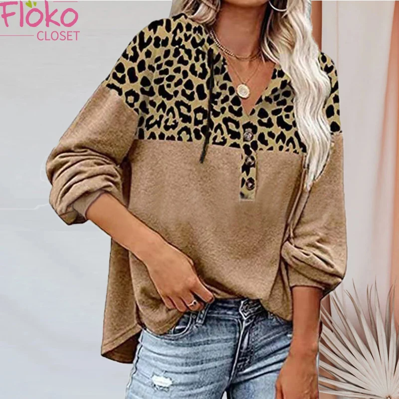 

Flokocloset Casual V-Neck Leopard Printed Stitching T-shirts Autumn Fashion Women Long Sleeve Buttons Pullover Elegant Tops