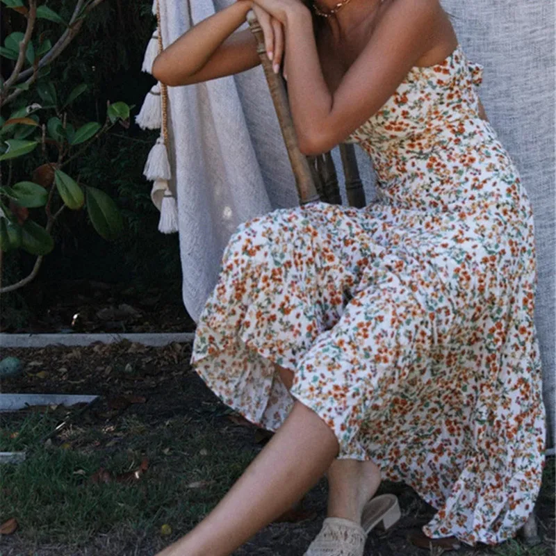 

Beach Style Print Women Bow Long Dress 2020 Summer V-neck Spaghetti Straps Backless Dress