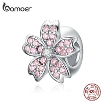 bamoer pink cherry blossom flower charm stopper for women 925 sterling silver charms bracelet bangle european jewelry scc1291