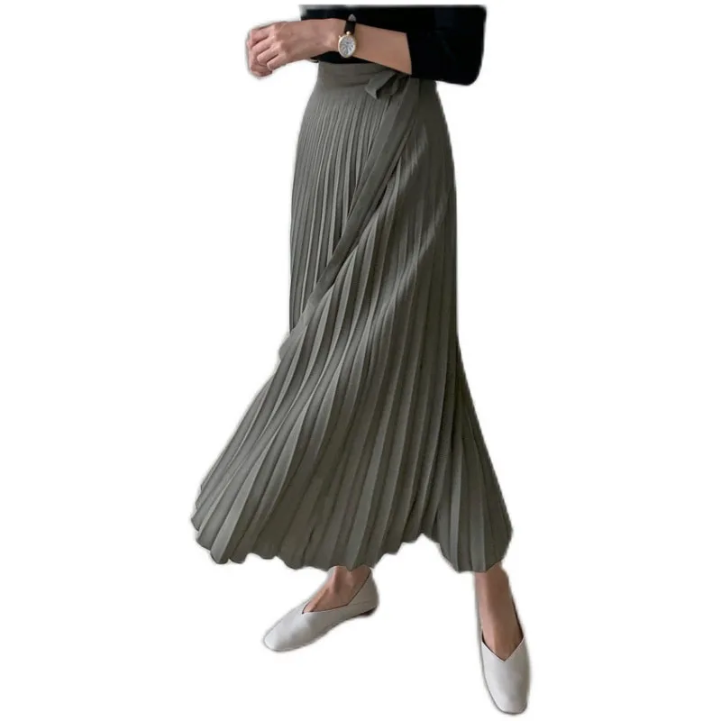 

Limiguyue Spring Casual Lace-up Women Pleated Midi Skirt High Waist Female Long Skirts Elegant Loose Skirt Lined wrap skirt K401