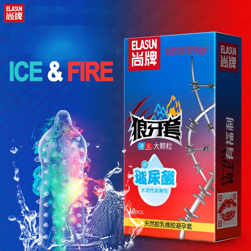Elasun 10 шт. презервативы со льдом и огнем шипы частицы большие точки насадка на