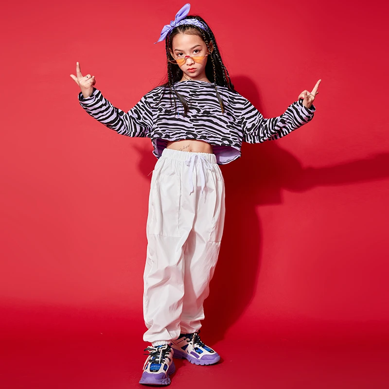 

Дети Джаз Одежда для танцев с принтом «Зебра» кроп-топы, футболка, штаны для бега для девочек джазовый танцевальный костюм одежда уличная ве...