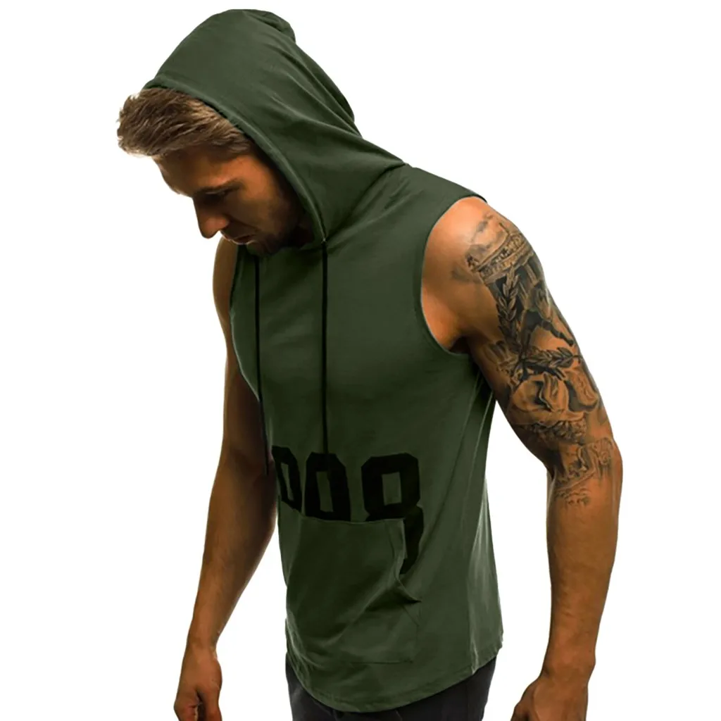 

Womail Tank Top gym clothing Men Fitness Muscle Print Sleeveless Hooded Bodybuilding Pocket Tight-drying tank top men summer