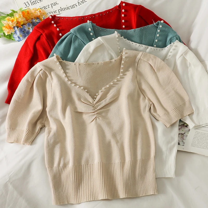 

OUMEA Women Office Lady Blouse With Pearl Beads Princess V Neck Short Sleeve England Style Knitting Tops Solid Color Ruch Front