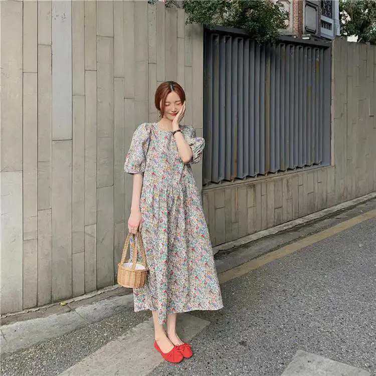 

Floral Printed Dress Women French Style Vintage Half Puff Sleeve 2021 Spring Summer Girl Tender Elegant Dresses Vestidos