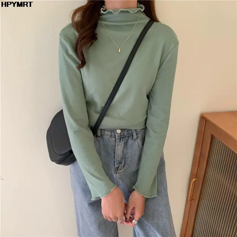 

T-shirts Long Sleeve Solid Tees High collar Loose All-match Kpop Women's Ulzzang Hipster Basic T Shirt Female Clothing Tops Tee