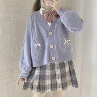 spring japan kawaii fashion pink cardigan women vintage crop knitted sweater girls cute bow heart korean autumn jk school coat