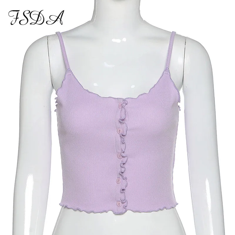 FSDA V Neck Ruffles Spaghetti Strap Crop Top Sexy Women Blue 2020 Summer Sleeveless Cami Purple Basic Tank Tops Knit Clothes | Женская
