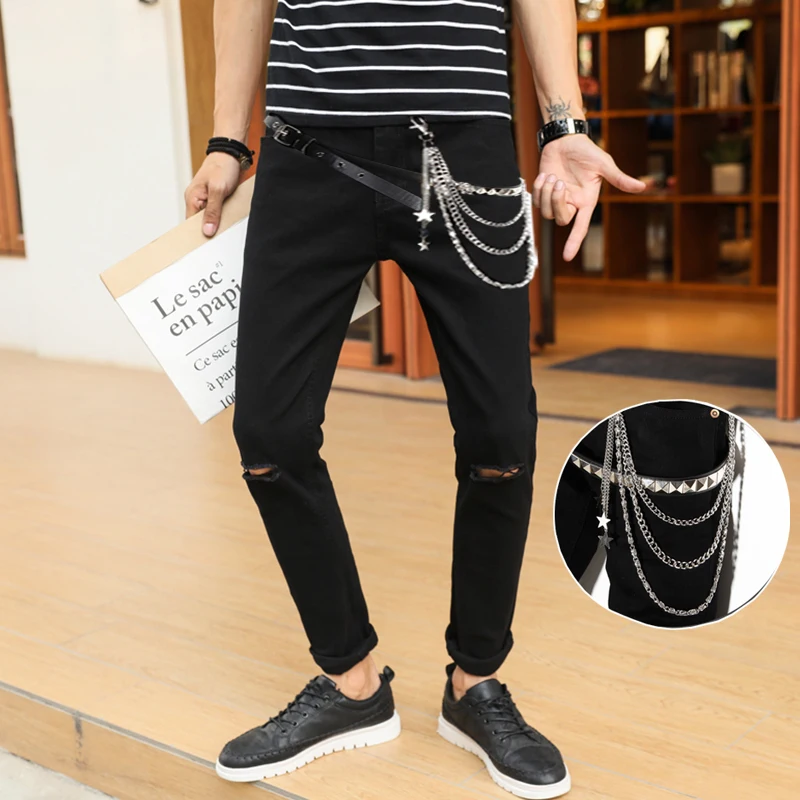 

Street Hole Ripped Jeans Men Fashion 2021 Chains Slim Denim Pencil Pants Personality Rivets Punk Black White Zipper Trousers