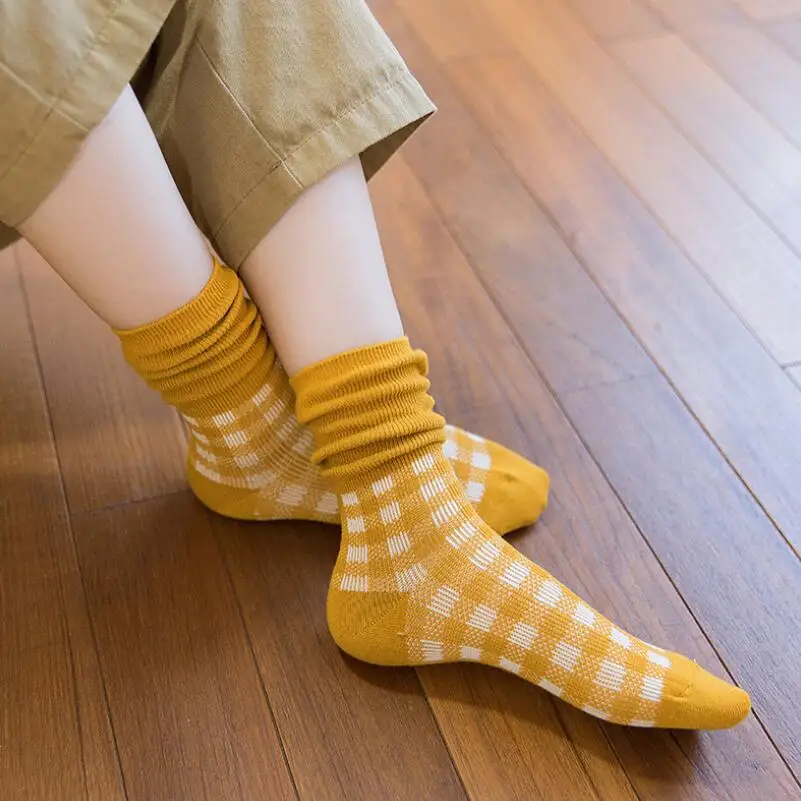 Students Check Crew Sock Ladies Knee High Winter Socks Girls Thick Cotton Plaid Socks Woman Black White Checked Ankle Socks