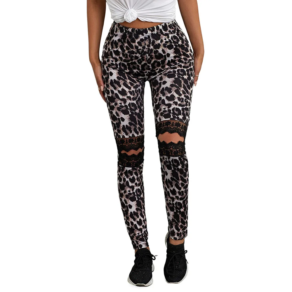 SEBOWEL Casual Women's Leggings Hollow Out Knee Leopard/Camo Print High waist Skinny Leggings for Fitness Female Joggers S-XXL