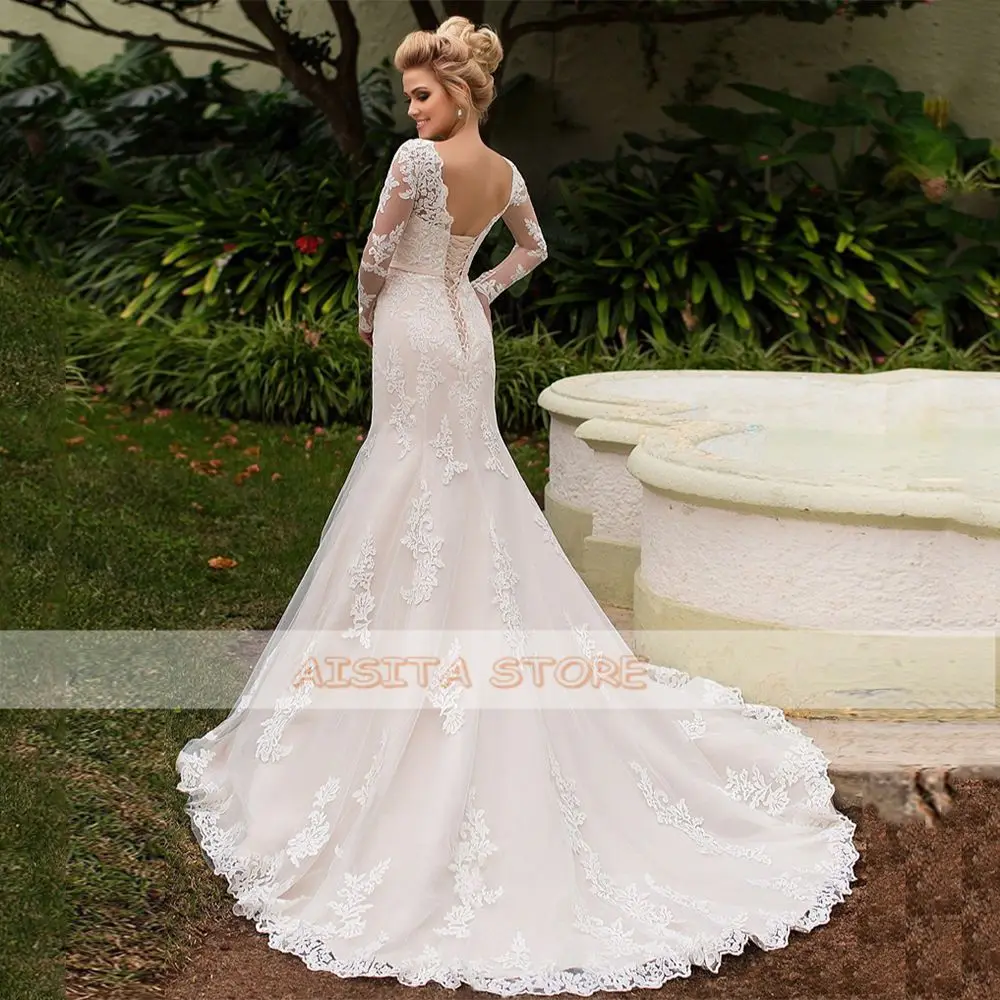 

Mermaid Weddding Dresses Lace Appliques Scoop Neck A-Line Long Sleeves Lace-up Sweep Train Tulle Bridal Gowns Vestido De Novia