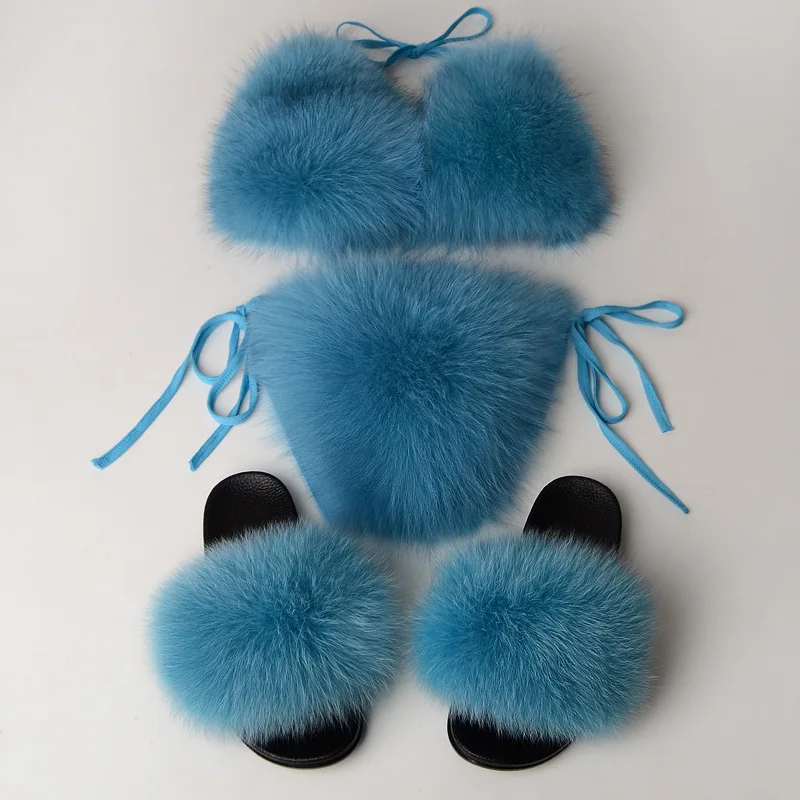 Lake Blue set Пикантные тапочки с натуральным лисьим мехом женские меховые бюстгальтеры, женские пушистые меховые шлепанцы, меховые бикини, повседневные домашние тапочки, женские удобные плюшевые туфли на плоской подошве - Цвет: Lake Blue set