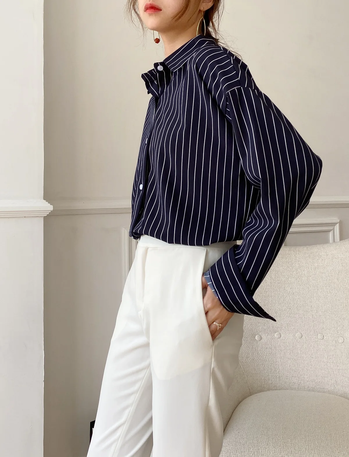 

CYJR 2021 Spring New Women Vintage Loose Stirped Shirt Full Sleeve Button Up Summer Blouse Office Lady Stylish Girl Tops