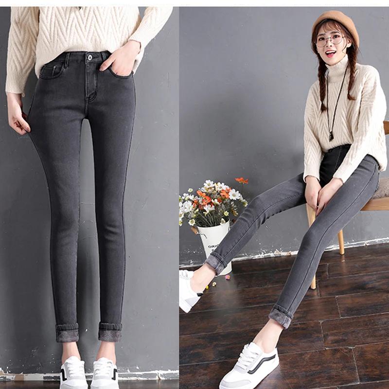 Зимние джинсы женские бархатные джинсовые брюки 2019 Высокая талия длиной до