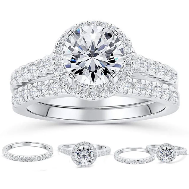 

Luxury 925 Sterling Silver Wedding Ring Set with Round 4A Cubic Zircon Promise Ring Set for Women Engagement Jewelry