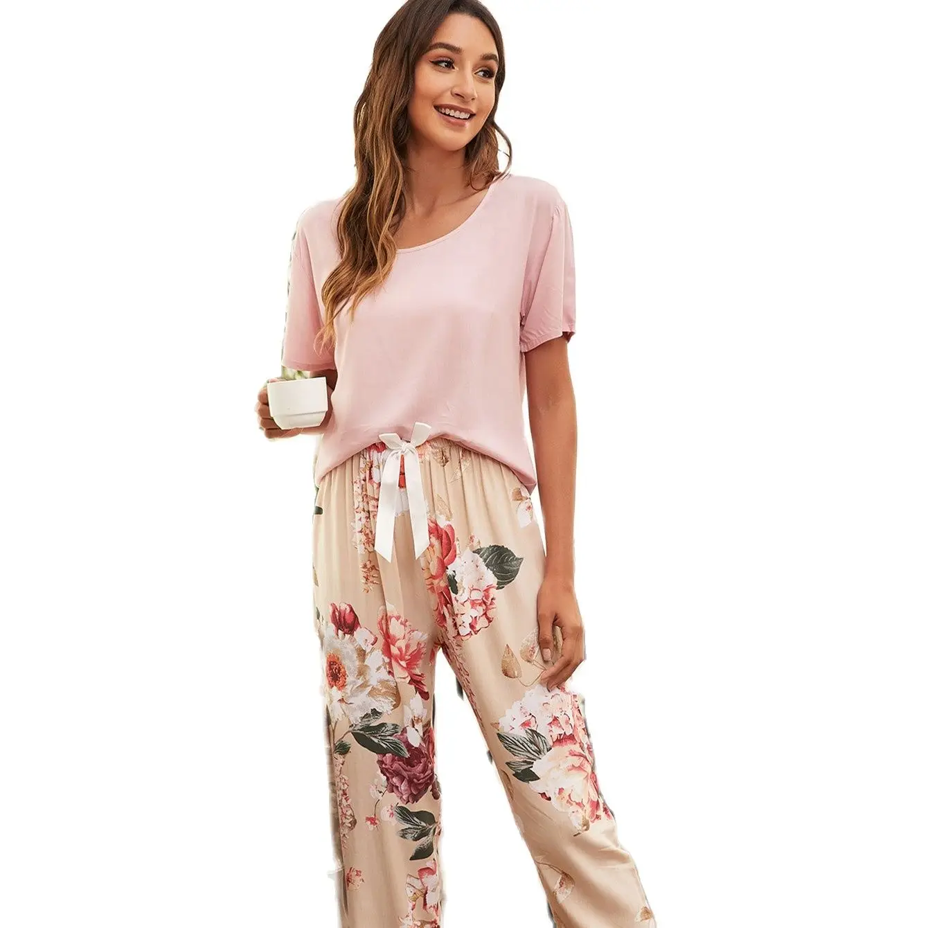 

New summer short-sleeved contrast color cotton silk women's pajamas