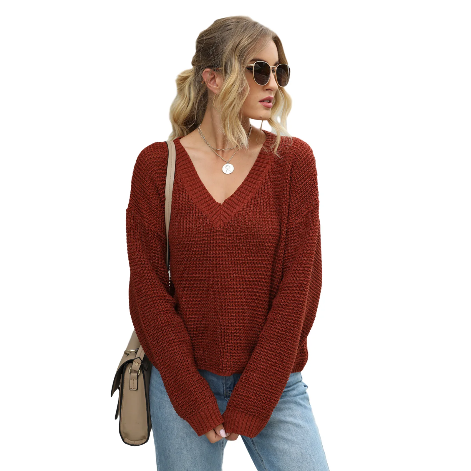 

Women Fashion Long Sleeve V-neck Top Solid Color Top Fashion Knitwear for Ladies