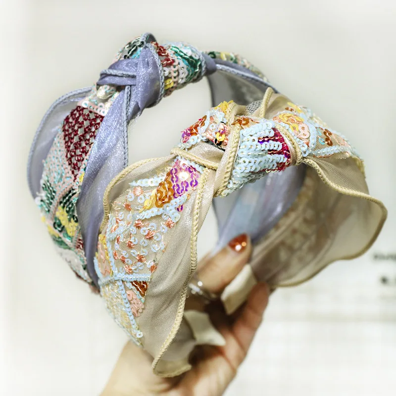 Ободок для волос женский кружевной широкая лента с блестками аксессуар на голову