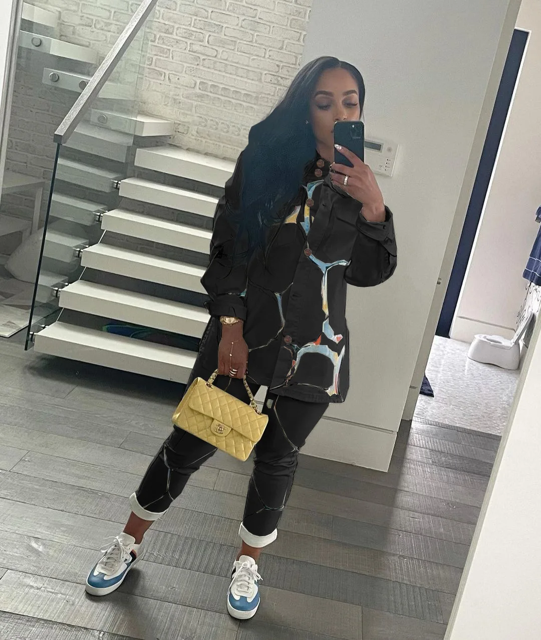 Женский брючный костюм с принтом повседневный приталенный жакет