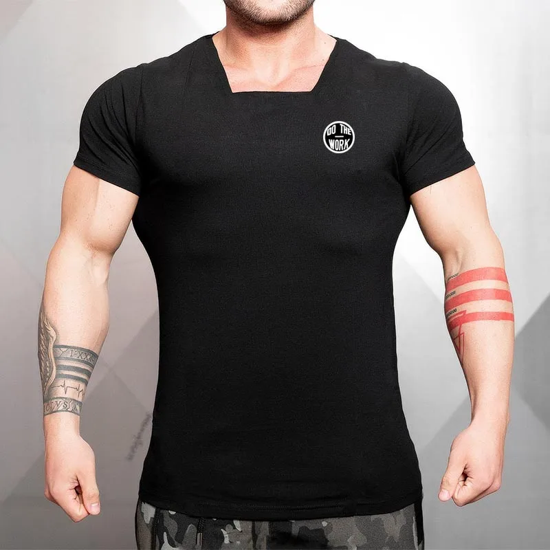 

Brand Mens Short sleeve Cotton T-shirt Gyms Fitness Workout t shirt Male Summer Casual Square collar Slim Tees Tops clothing