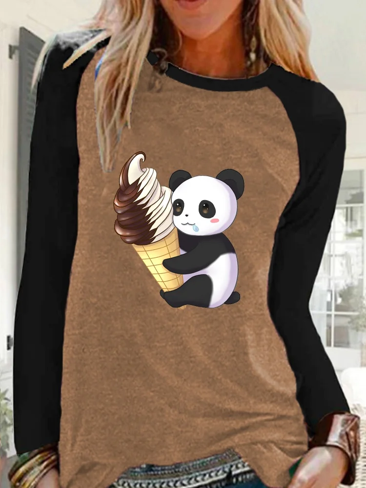 Женская рубашка с длинным рукавом круглым вырезом и принтом панды размера плюс -