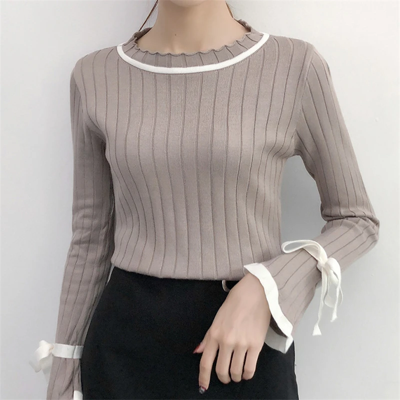 Women Solid Pullover Winter Knitted Sweater Sweet O-Neck Slim Soft Female Flare Sleeve Fashion Ladies | Женская одежда