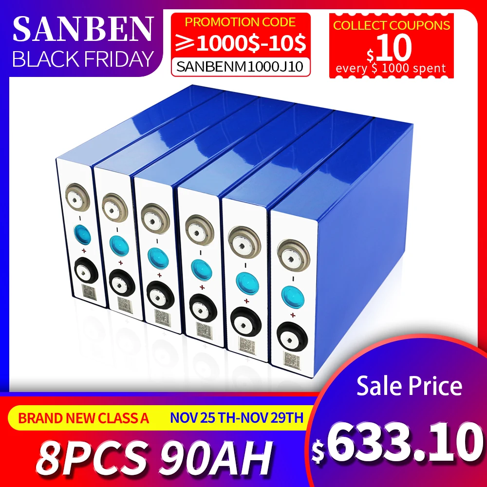 

8 шт., литий-фосфатные автомобильные аккумуляторы 3,2 В, 90 Ач, 24 В, 3C, LiFePO4