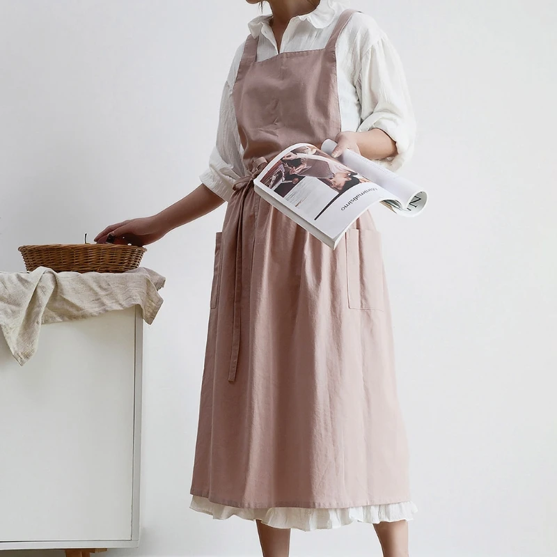 

P82C Для женщин из хлопка и льна крест-накрест фартук японский домашнюю работу обертка для выпечки цветочный платье Кухня фартуки
